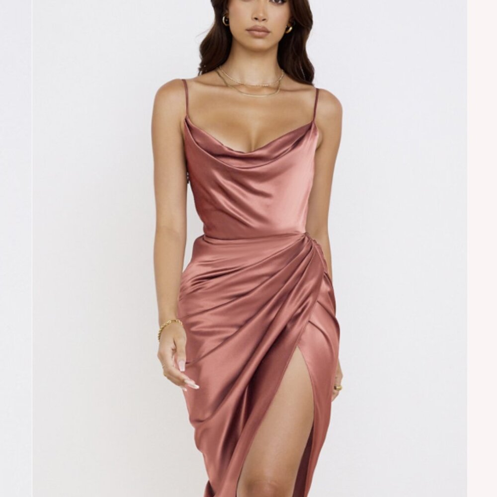 HOUSE OF CB Reva Satin Gathered Corset Dress X-Small, ROSE - NEW